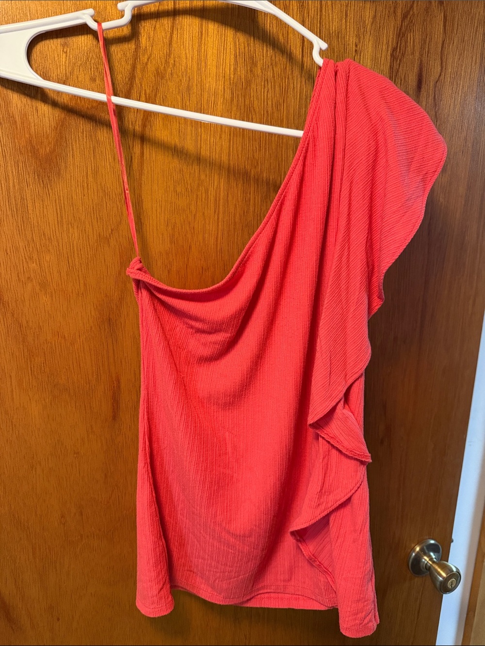 Nine West One-Shoulder Ruffle Shirt - Coral